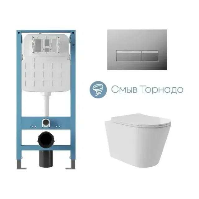 Комплект инсталляции Aqueduto Техника Ново (TECNICA Novo) с безободковым унитазом Коне (Cone) Плюс (Plus) Торнадо белый глянец, клавиша смыва Ретангуло Ново (RETANGULO Novo) глянцевый хром