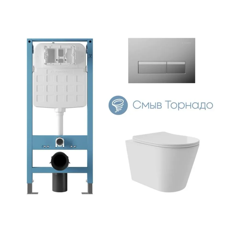 Комплект инсталляции Aqueduto Техника Ново (TECNICA Novo) с безободковым унитазом Коне (Cone) Плюс (Plus) Торнадо белый глянец, клавиша смыва Ретангуло Ново (RETANGULO Novo) глянцевый хром
