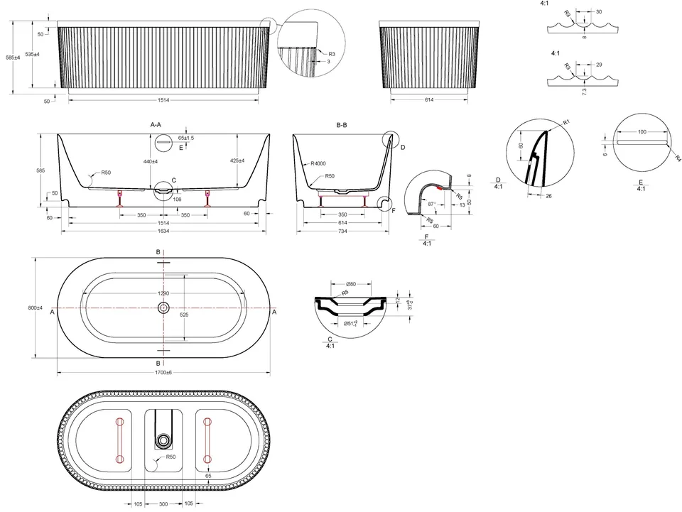 Ванна акриловая Vincea VBT-709-1700MA, 1700*800*585, цвет матовый антрацит/белый, щелевой перелив