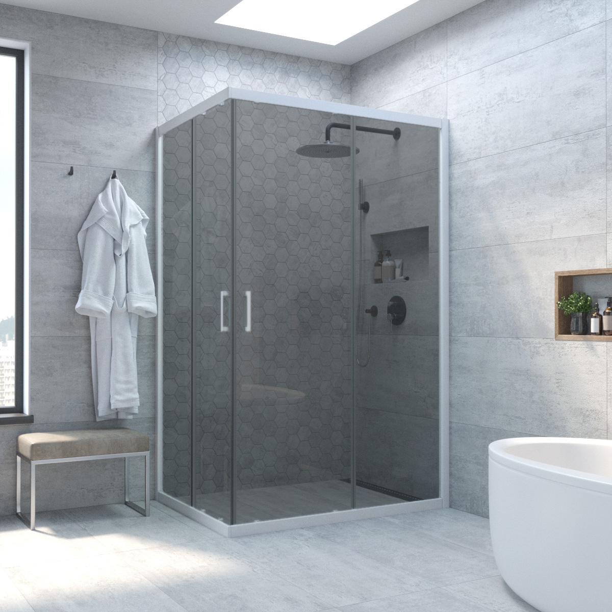 Душевой уголок ZA-F NOVO h2000 100*70 01 07, профиль белый, стекло графит