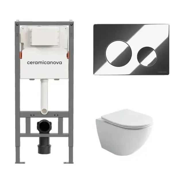 Комплект инсталляции Ceramicanova Balance с унитазом Vogue торнадо и кнопкой смыва Circle, хром глянец, с креплениями