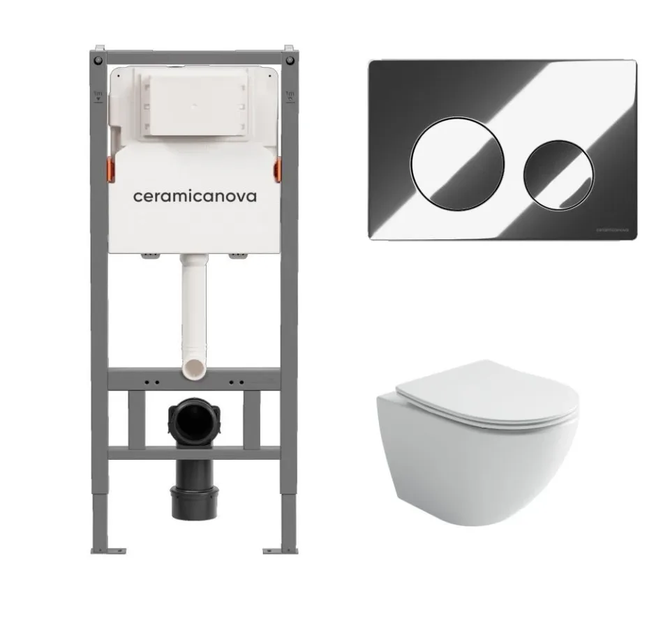 Комплект инсталляции Ceramicanova Balance с унитазом Vogue торнадо и кнопкой смыва Circle, хром глянец, с креплениями
