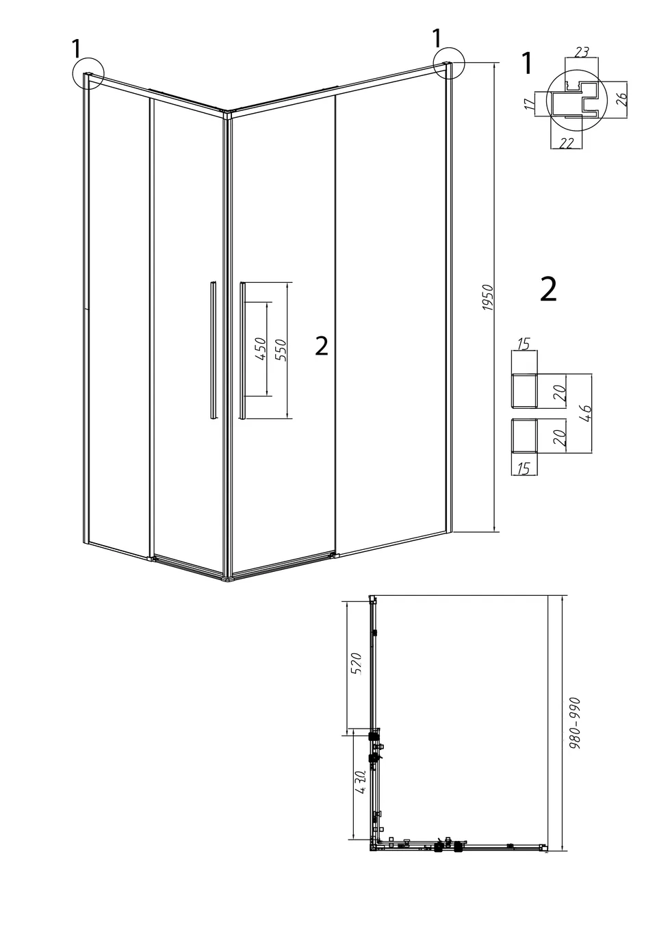 1/2 душевого ограждения Grossman Galaxy 1/2.K33.01.10L.10.02 (100*195)  раздвижная(левая),хром, стекло шиншилла,1 место
