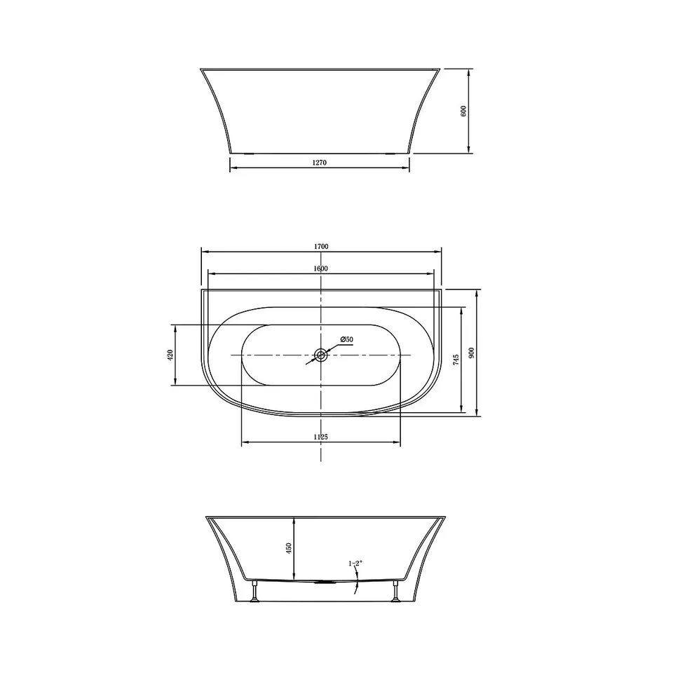Ванна акриловая Vincea VBT-423-1700, 1700*900*600, цвет белый, слив-перелив в комплекте
