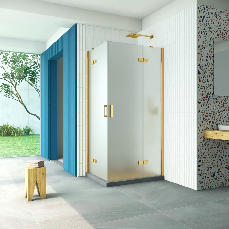 Душевое ограждение Vegas-Glass AFA-F Retta 100×80×199.5 см, золото глянцевое, стекло сатин