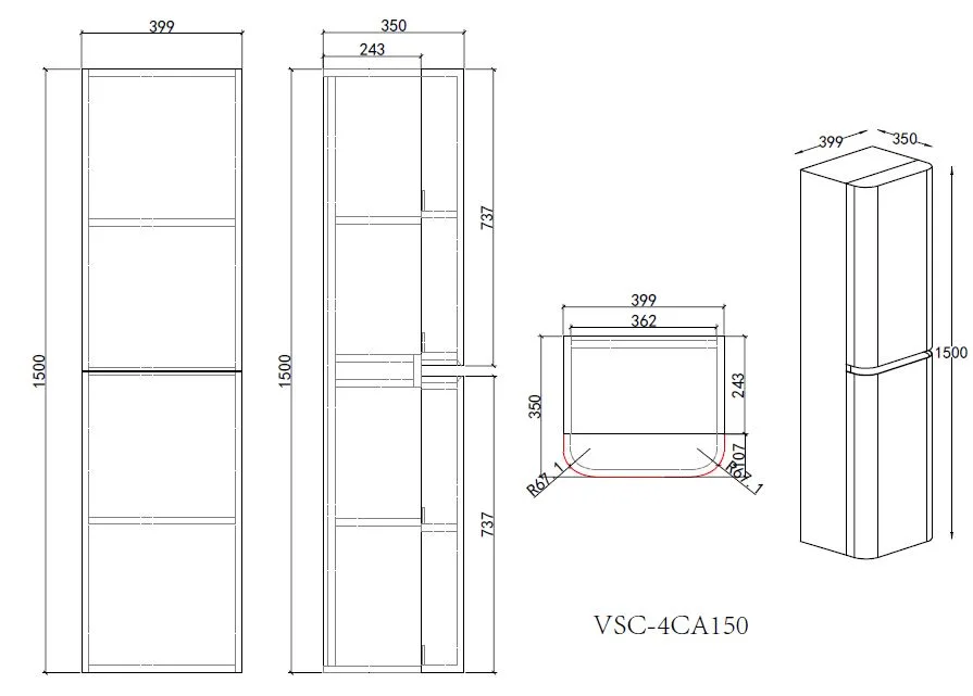 Шкаф Каприз (Caprise) VSC-4CA150MG-R подвесной, правый, 1500*404*350, серый матовый