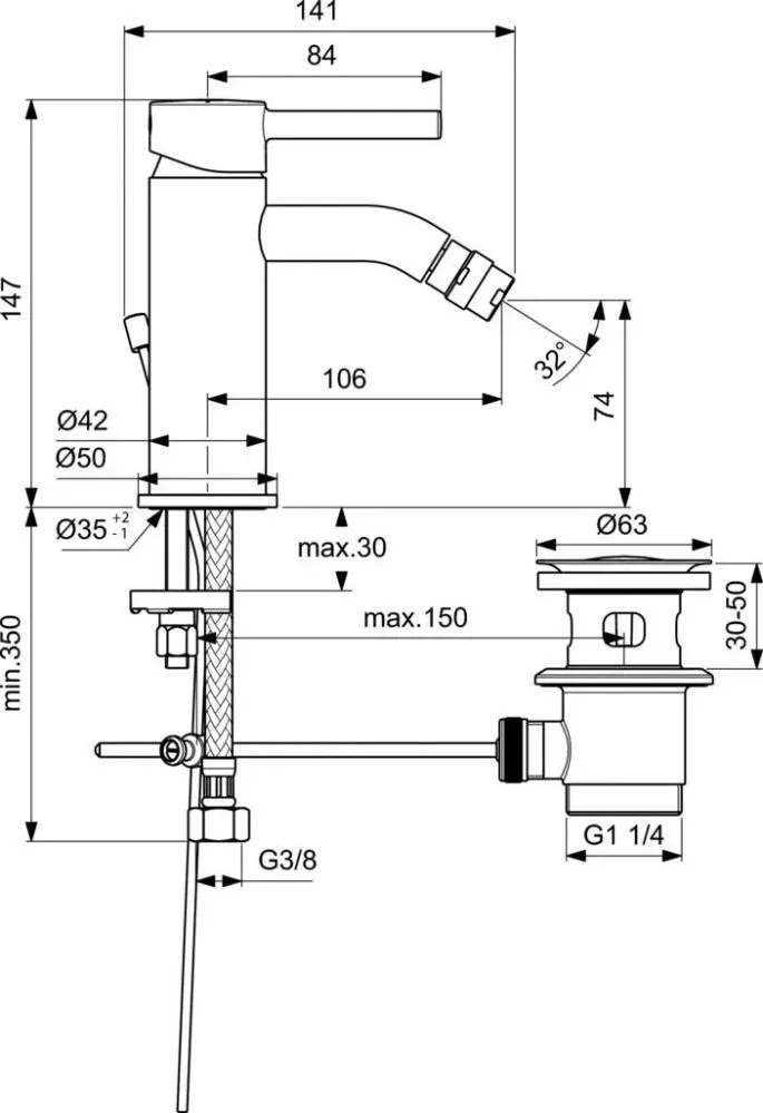 Смеситель Ideal Standard Ceraline BC197XG для биде с донным клапаном черный матовый
