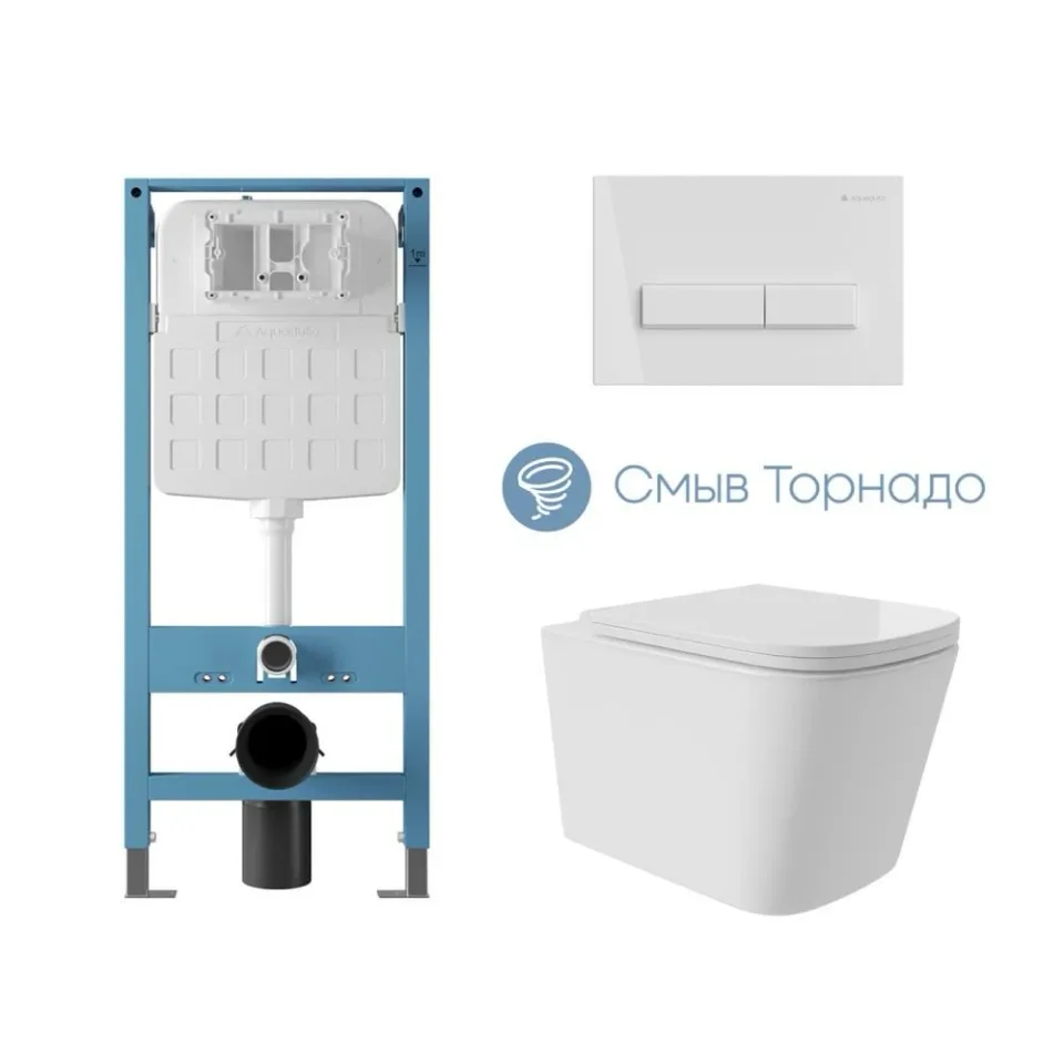 Комплект инсталляции Aqueduto Техника Ново (TECNICA Novo) с безободковым унитазом Масио Плюс (Macio Plus) Торнадо белый глянец, клавиша смыва Ретангуло (RETANGULO) белый глянец