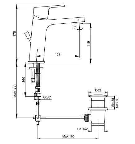 Смеситель E.C.A. Tiera 102188012EX для раковины с донным клапаном хром