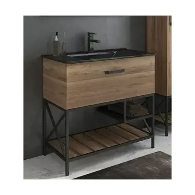 Тумба с раковиной Comforty Бредфорд 90 дуб темный (раковина Comforty 90E черная матовая)