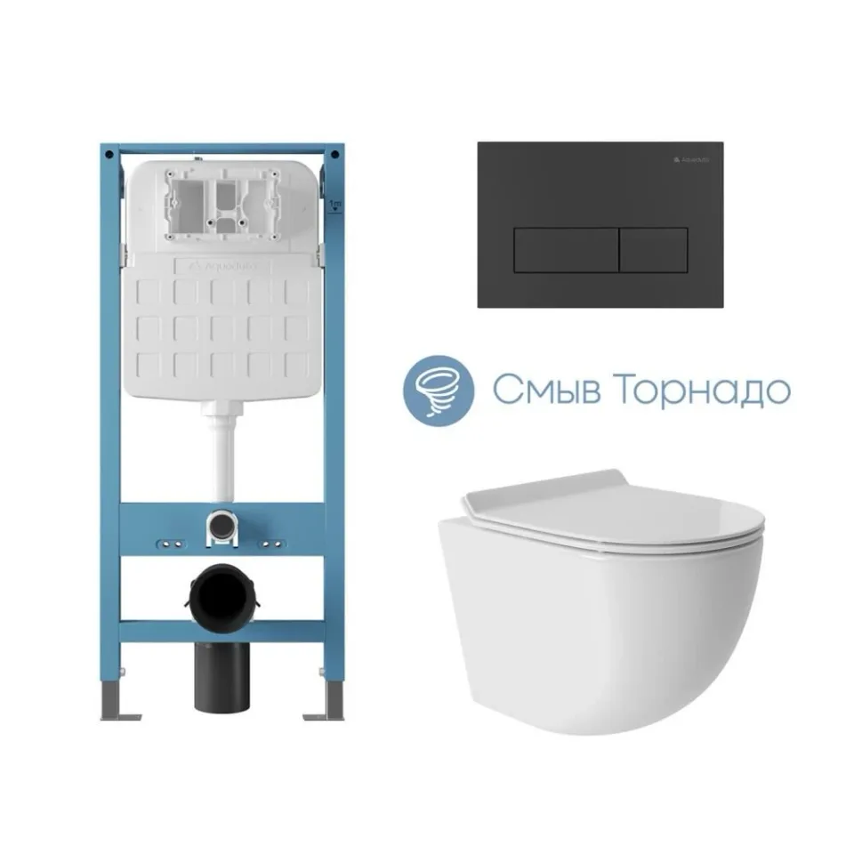 Комплект инсталляции Aqueduto Техника Ново (TECNICA Novo) с безободковым унитазом ОВО Торнадо (OVO Tornado) белый глянец, клавиша смыва Ретангуло Ново (RETANGULO Novo) черная матовая