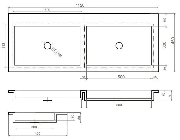 Встраиваемая раковина Esse D F 550/1 115*45 двойная