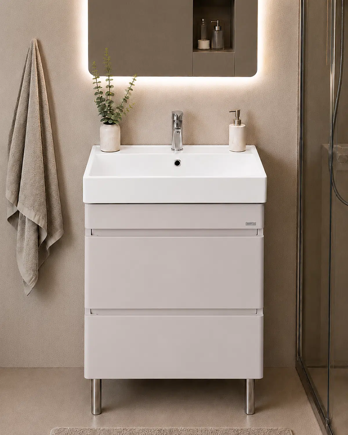 Аквадом Тумба Бриони 60 см, напольная, цвет крем, 2 ящика, с раковиной KERAMA MARAZZI Cubo