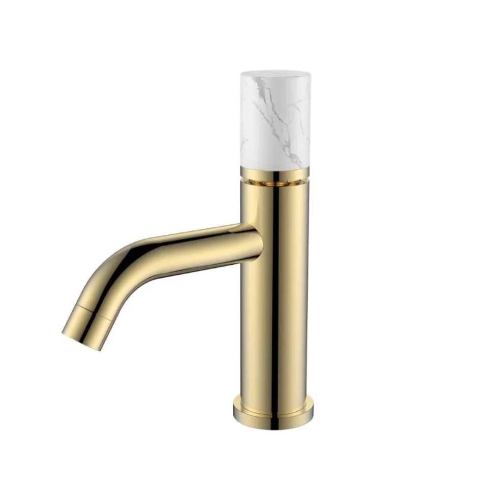 Смеситель Boheme Stick 121-G-MR-W для раковины золото ручка белый мрамор