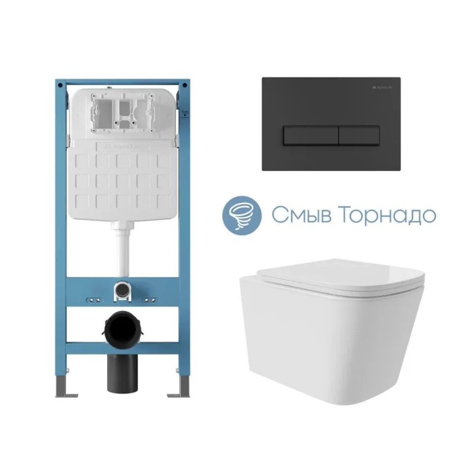 Комплект инсталляции Aqueduto Техника Ново (TECNICA Novo) с безободковым унитазом Масио Плюс (Macio Plus) Торнадо белый глянец, клавиша смыва Ретангуло (RETANGULO) черная матовая