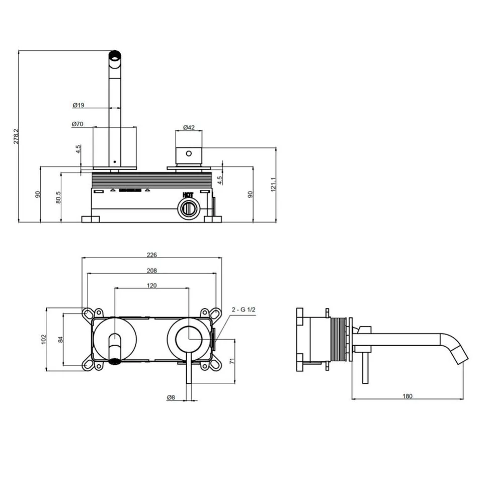 AQM6215CR Siena Смеситель для раковины 180 мм, настен., на 2 отв., комплект, хром
