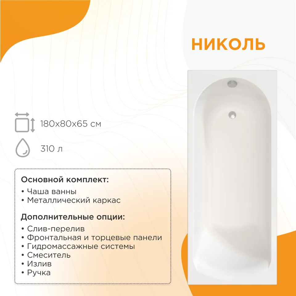 Акриловая ванна Николь 180х80, чаша, каркас