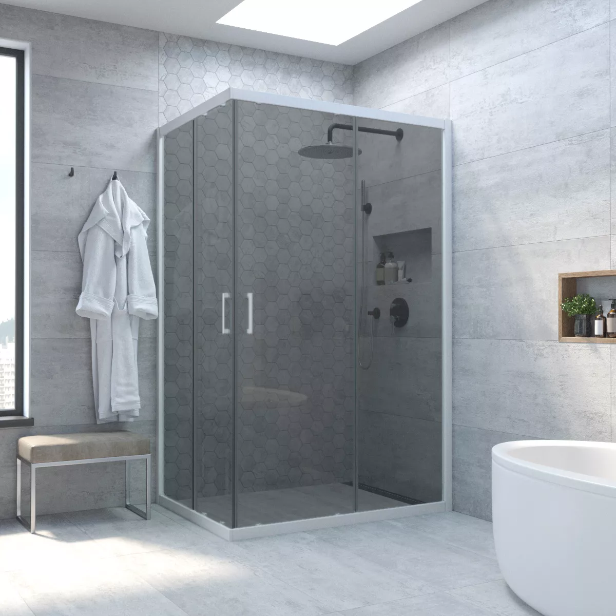 Душевой уголок ZA-F NOVO h2000 90*85 01 07, профиль белый, стекло графит
