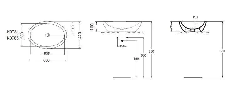 Накладная раковина Ideal Standard Strada 60*42