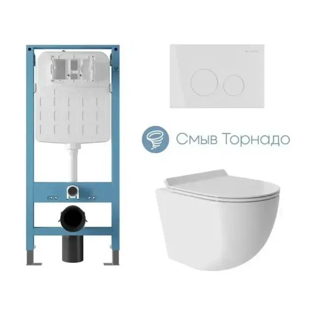 Комплект инсталляции Aqueduto Техника Ново (TECNICA Novo) с безободковым унитазом ОВО Торнадо (OVO Tornado) белый глянец, клавиша смыва Циркуло (CIRCULO) белый глянец