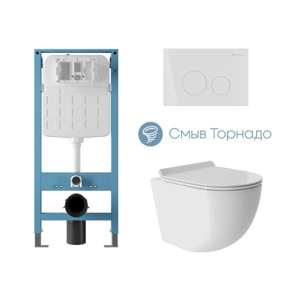 Комплект инсталляции Aqueduto Техника Ново (TECNICA Novo) с безободковым унитазом ОВО Торнадо (OVO Tornado) белый глянец, клавиша смыва Циркуло (CIRCULO) белый глянец