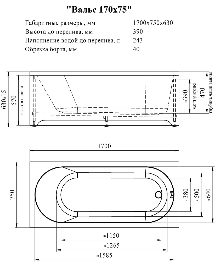 Акриловая ванна Вальс 170х75, чаша, капкас, фронтальная панель