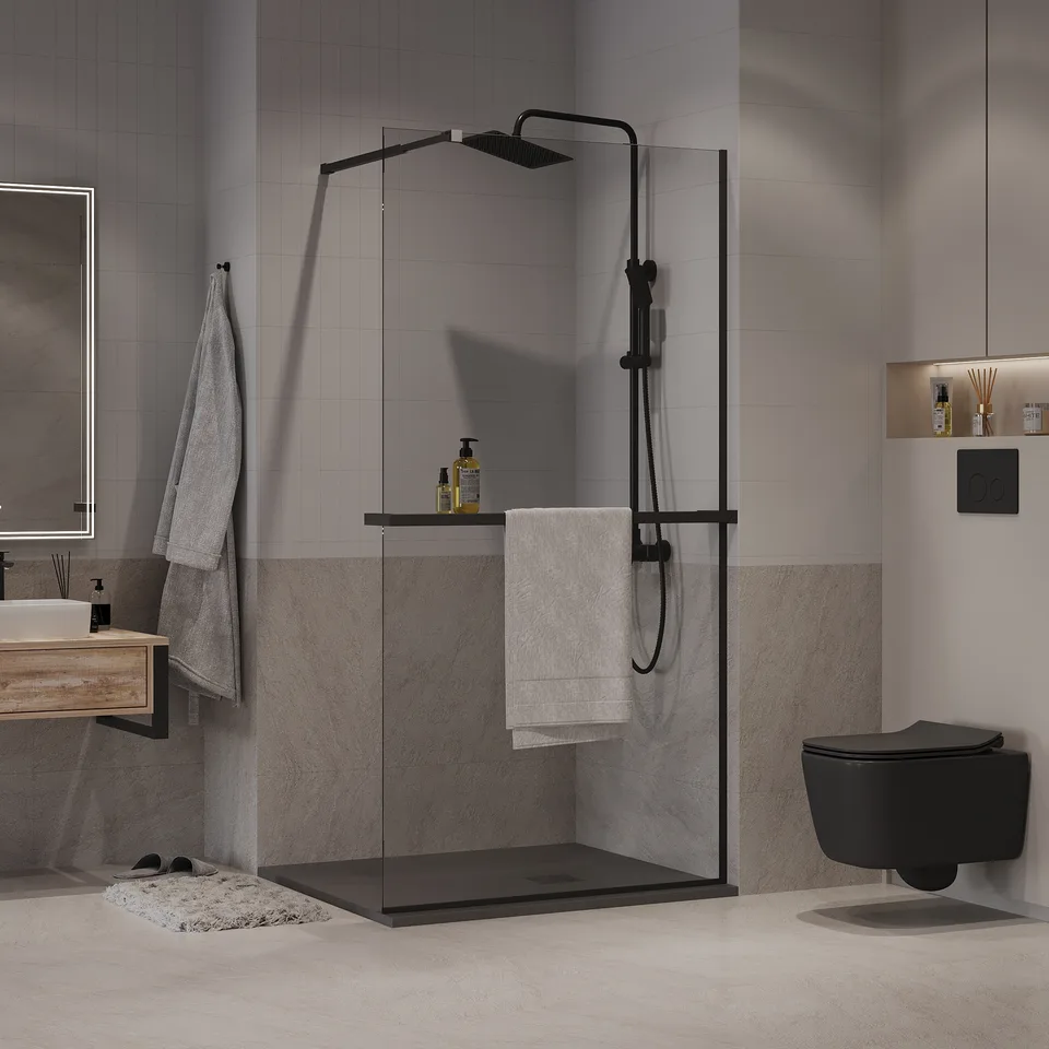 Душевая перегородка Niagara Nova NG-670-10ВLACK (100х195) черный матовый,стекло прозрачное,с полкой,1 место