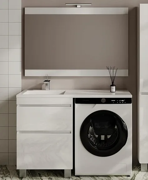 Комплект мебели Style Line Даллас Леон 120 L напольный 2 ящика белый глянец под стиральную машину