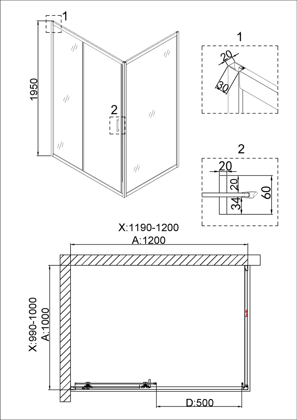 Душевое ограждение Niagara Nova NG-42-12AG-A100G (120х100х195) прямоугольник,золото,двери раздвижные,стекло прозрачное,2 места