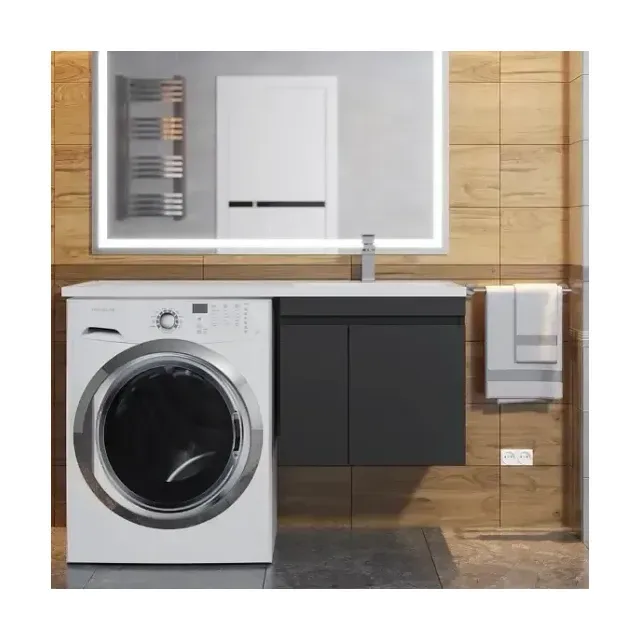 Тумба с раковиной Uperwood Magenta 120 под стиральную машину подвесная, черная, с дверцами R