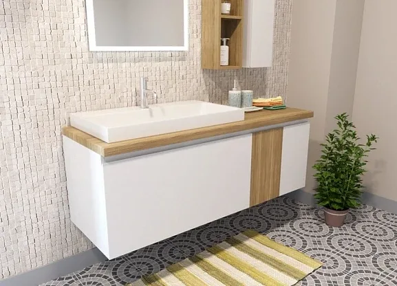 Тумба с раковиной Эстет Malibu 140 L подвесная 2 ящика белая/со вставкой массив ФР-00007126