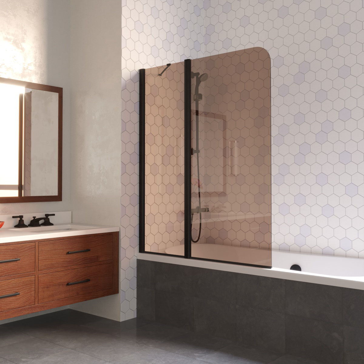 Шторка на ванную E2V LUX ST 125 02М 05 L, профиль черный матовый, стекло бронза
