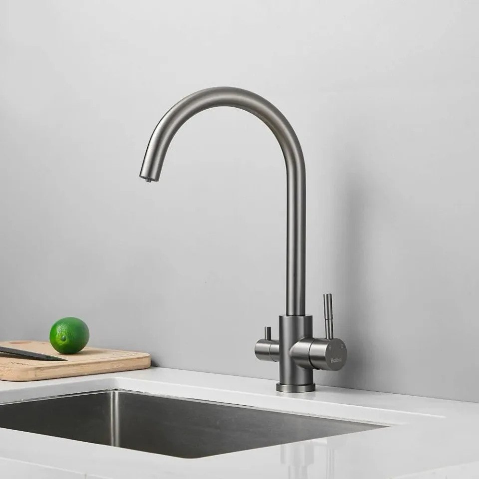 Смеситель Haiba HB76819-3 для кухни с функцией подключения фильтра оружейная сталь