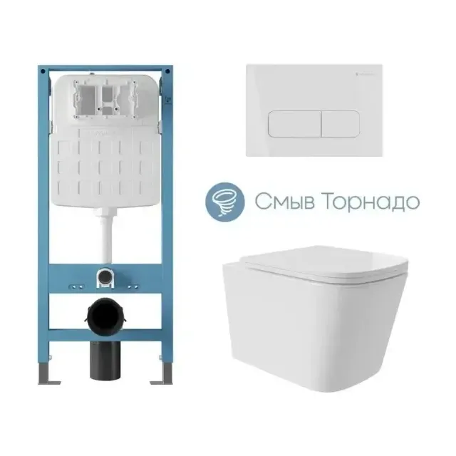 Комплект инсталляции Aqueduto Техника Ново (TECNICA Novo) с безободковым унитазом Масио Плюс (Macio Plus) Торнадо белый глянец, клавиша смыва Форма (FORMA) белый глянец
