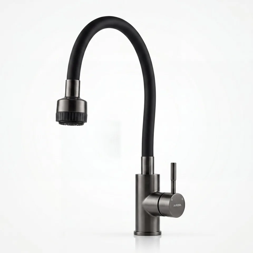 Смеситель для кухни AVRORA KITCHEN с гибким изливом, цвет оружейная сталь, цвет излива чёрный