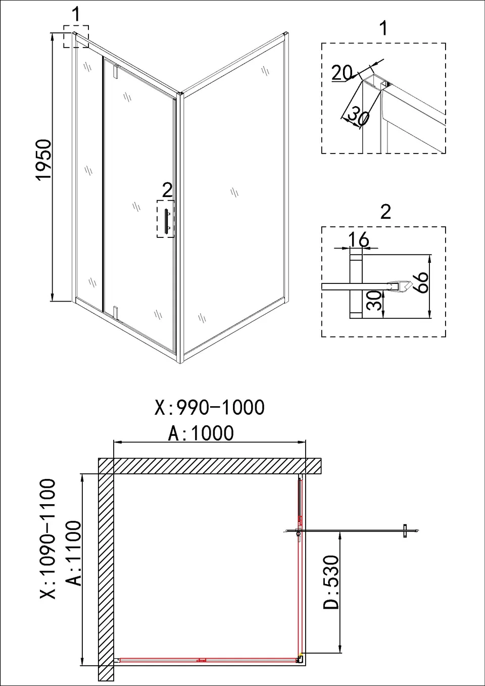 Душевое ограждение Niagara Nova NG-43-11AG-A100G (110х100х195) прямоугольник,золото,двери распашные,стекло прозрачное,2 места