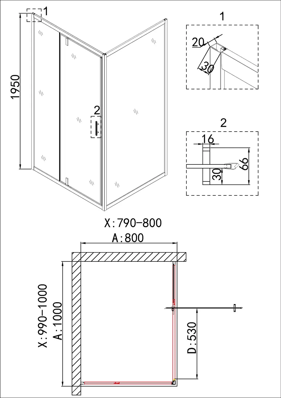 Душевое ограждение Niagara Nova NG-43-10AG-A80G (100х80х195) прямоугольник,золото,двери распашные,стекло прозрачное,2 места
