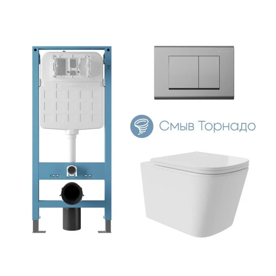 Комплект инсталляции Aqueduto Техника Ново (TECNICA Novo) с безободковым унитазом Масио Плюс (Macio Plus) Торнадо белый глянец, клавиша смыва Квадрадо (QUADRADO) глянцевый хром