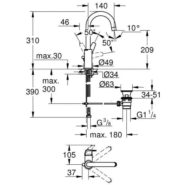 Смеситель Grohe BauFlow 23753000 для раковины с донным клапаном