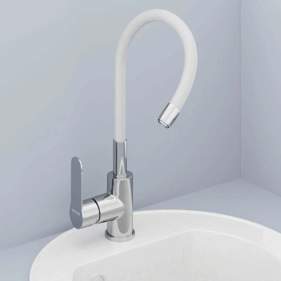 Смеситель Avrora Kitchen AV9002W для кухни с гибким изливом хром/белый