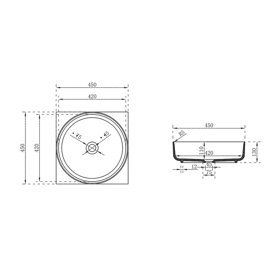 Раковина Солид Серфейс (Solid Surface) Vincea VBS-6S16MW, 450*450*130, накладная, цвет белый матовый