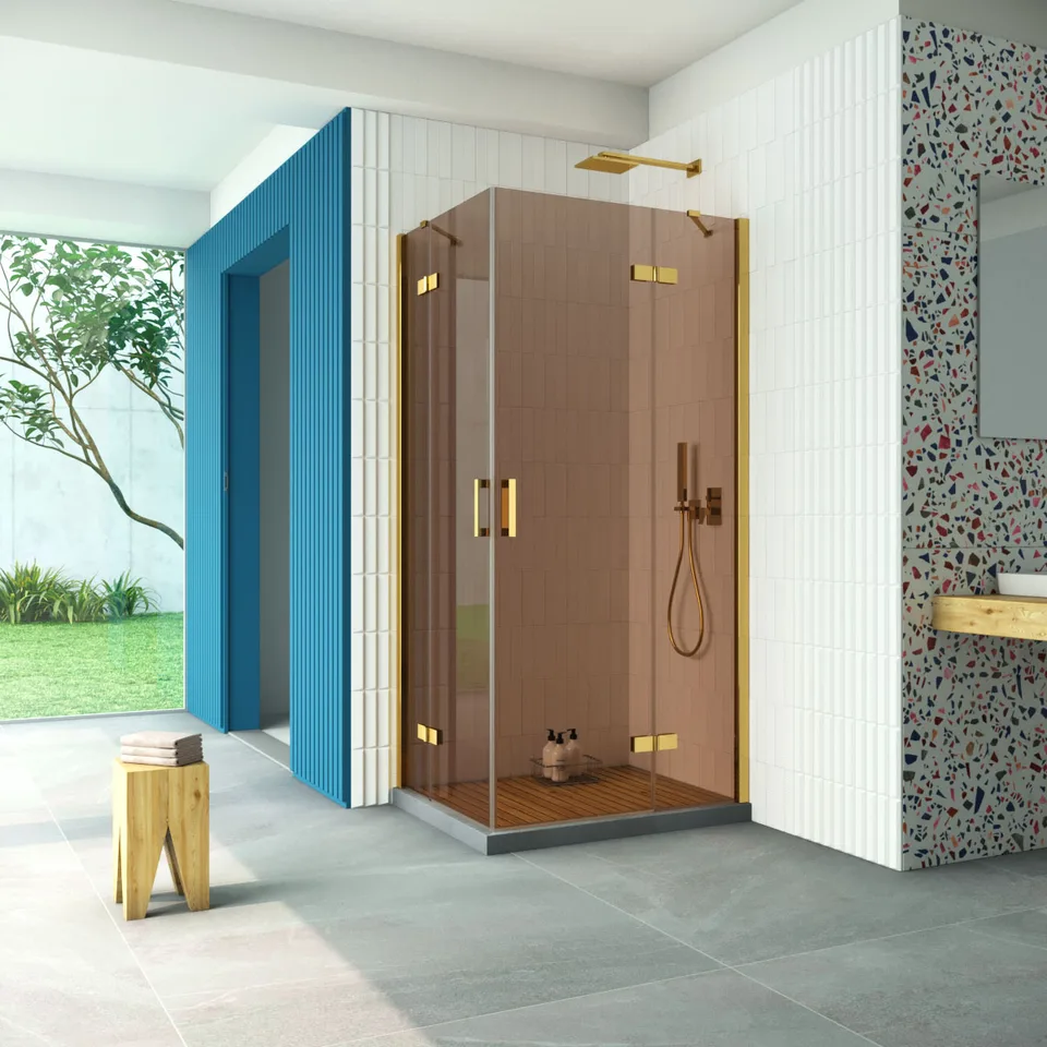 Душевое ограждение Vegas-Glass AFA-F Retta 110×90×199.5 см, золото глянцевое, стекло бронза