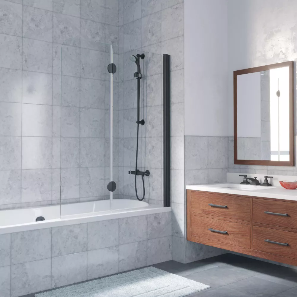 Шторка на ванную E2V LUX 120 02М 01 R, профиль черный матовый, стекло прозрачное