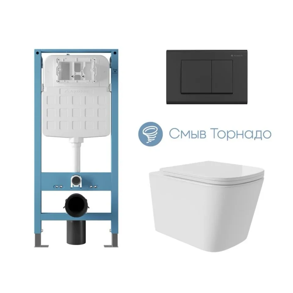 Комплект инсталляции Aqueduto Техника Ново (TECNICA Novo) с безободковым унитазом Масио Плюс (Macio Plus) Торнадо белый глянец, клавиша смыва Квадрадо (QUADRADO) черная матовая