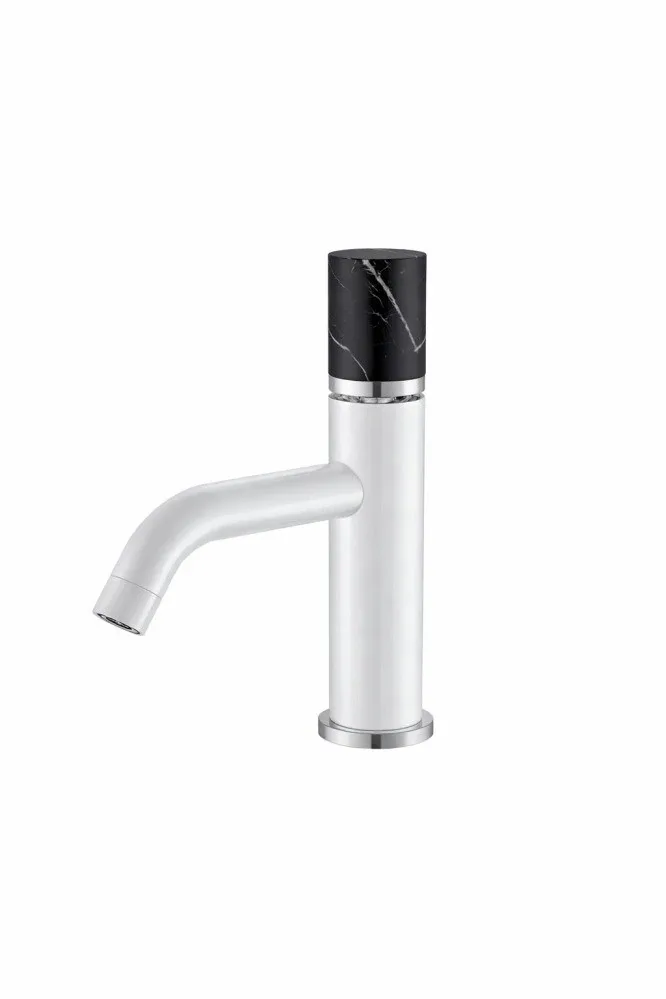 Смеситель Boheme Stick 121-W-MR-BLACK для раковины белый матовый ручка черный мрамор