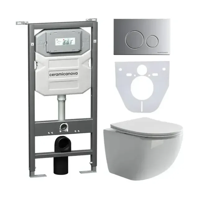 Комплект инсталляции Ceramicanova Envision, унитаз Forma Rimless, клавиша смыва Round хром матовый