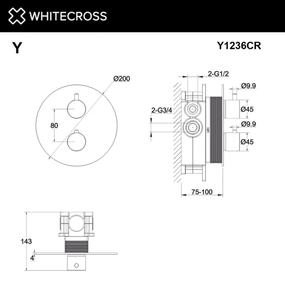 Термостат Whitecross Y Chrome Y1236CR для ванны и душа скрытый монтаж хром