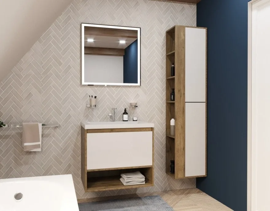Шкаф-пенал Эстет Monaco Wood 35 L подвесной с открытой полкой белый/дуб рустикальный ФР-00010687