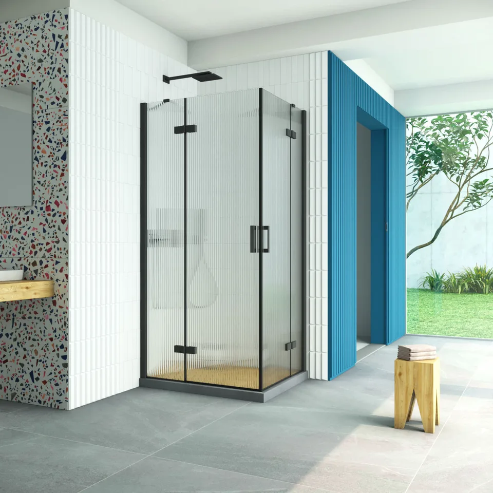 Душевое ограждение Vegas-Glass AFA-F Retta 120×100×199.5 см, чёрный матовый, стекло мору (moru)