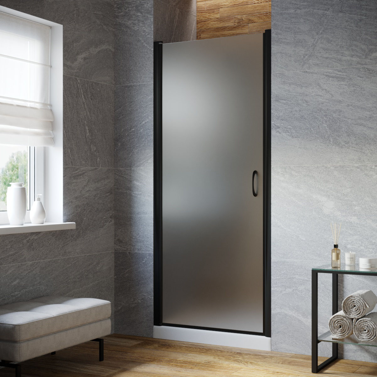 Дверь в душевой проем EP LUX 95 02М 10 L, профиль черный матовый, стекло сатин